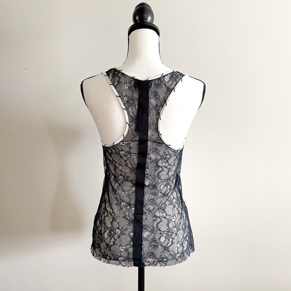 NWT Poleci Lace Back Striped Tank Top Black Beige Modal Nylon Women’s Small - Picture 2 of 6